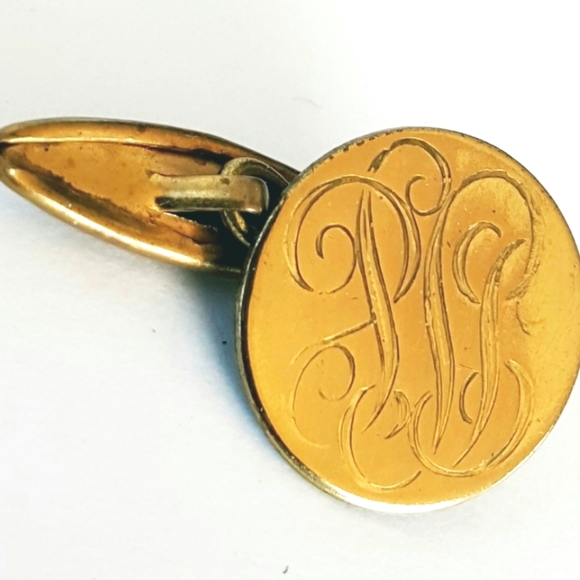 Vintage Cuff Links Small 1940s Round Monogram Brass Retro Unisex - Picture 1 of 5